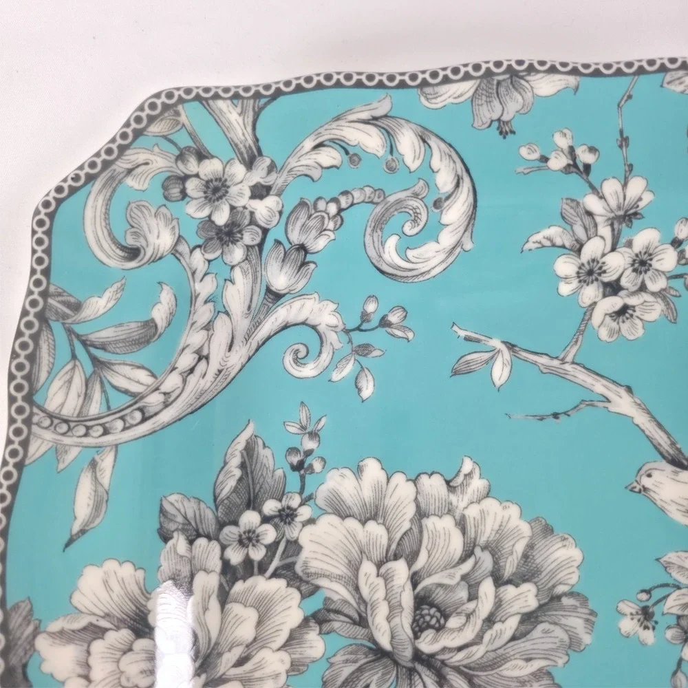 222 Fifth Adelaide Salad Plate Turquoise Floral Bird 8.6" Porcelain Square - Picture 4 of 5